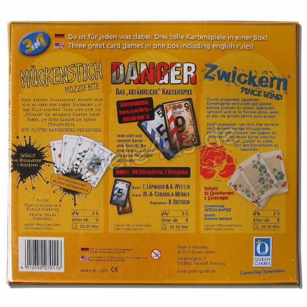3 Kartenspiele 1 Box Mückenstich Danger Zwickern
