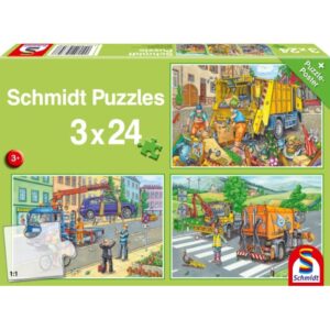 Müllwagen, Abschleppauto und Kehrmaschine 3×24 Teile Puzzle 56357